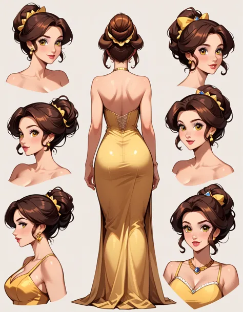 score_9, score_8_up, score_7_up, score_6_up, sketch_sheet, solo, break 1girl, (disney's belle, brown hair, updo hairstyle:1.3), ...