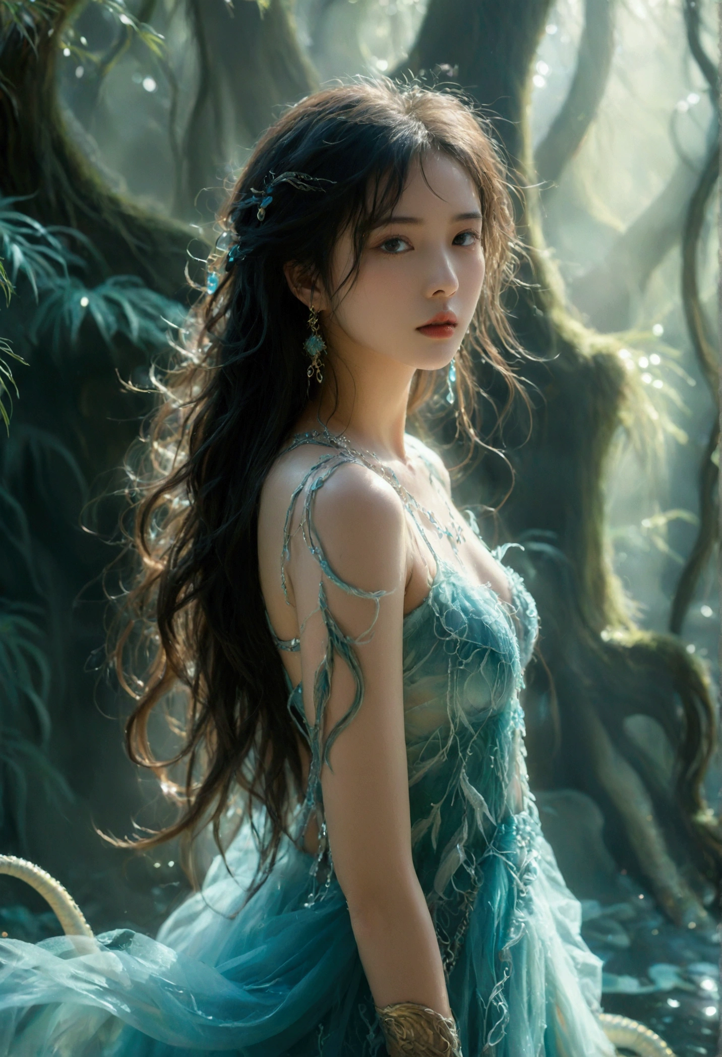 A mesmerizing mythical creature with the upper body of a beautiful human and the lower body of a majestic serpent. The human part has long flowing hair, piercing eyes, and intricate jewelry. The serpent’s scales are iridescent, shimmering in shades of green, blue, and gold, with a powerful and graceful tail. The creature is set against an ancient, mystical forest with soft light filtering through the trees, casting a magical glow. The atmosphere is enchanting and otherworldly, with mist swirling around the base of the creature, adding to the mysterious aura