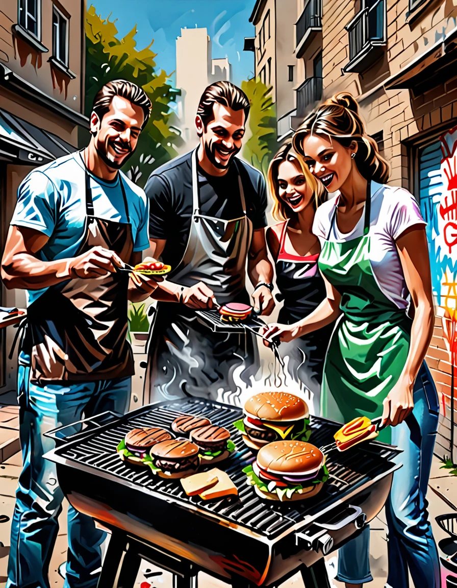 Create a graffiti drawing, with 2 men and 2 women making hamburgers on the grill at home