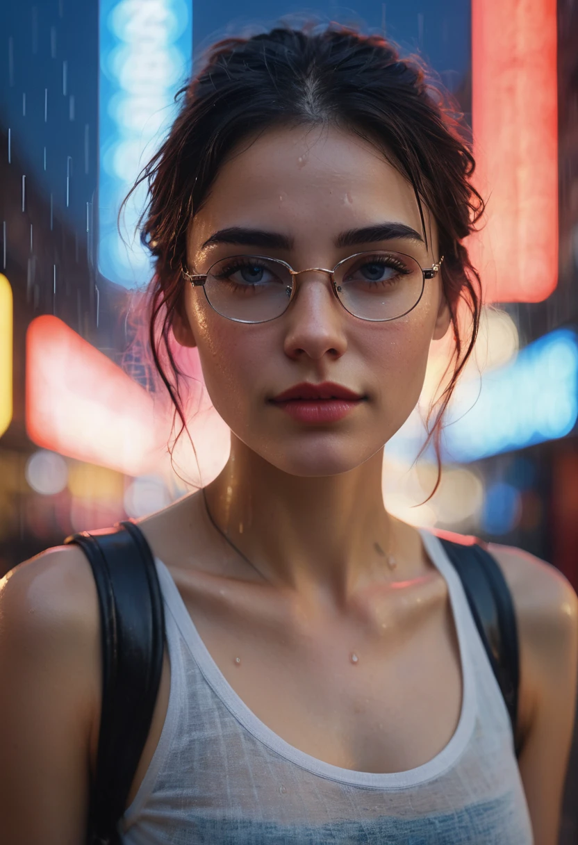 A high quality photo of super very close-up portrait of a beautiful 25 year old woman with a mesmerizing and intense gaze, her face illuminated by bright neon lights. Blue and red neon shines onto her face from a city, it is raining, rain drips down her face as she looks to the city ahead of her, Large frame glasses reflect the city in front of her, as well as the lights that are shinning. The background is out of focus, with city lights shinning behind her, Her expression is one of awe and retrospective, her hair is messy, wet from all the rain, soaked film, 4k , 8k ,UHD, sweaty skin, sleeveless, collarbone, photorealistic, open arms,