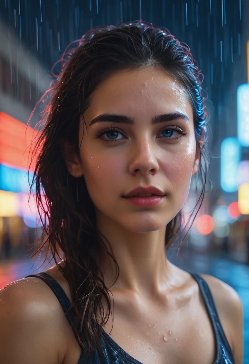 A high quality photo of super very close-up portrait of a beautiful 25 year old woman with a mesmerizing and intense gaze, her face illuminated by bright neon lights. Blue and red neon shines onto her face from a city, it is raining, rain drips down her face as she looks to the city ahead of her, Large frame glasses reflect the city in front of her, as well as the lights that are shinning. The background is out of focus, with city lights shinning behind her, Her expression is one of awe and retrospective, her hair is messy, wet from all the rain, soaked film, 4k , 8k ,UHD, sweaty skin, sleeveless, collarbone, photorealistic, open arms,