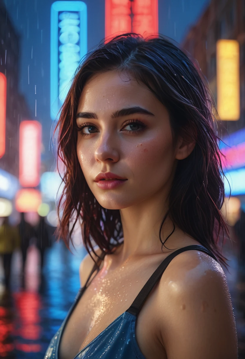 A high quality photo of super very close-up portrait of a beautiful 25 year old woman with a mesmerizing and intense gaze, her face illuminated by bright neon lights. Blue and red neon shines onto her face from a city, it is raining, rain drips down her face as she looks to the city ahead of her, Large frame glasses reflect the city in front of her, as well as the lights that are shinning. The background is out of focus, with city lights shinning behind her, Her expression is one of awe and retrospective, her hair is messy, wet from all the rain, soaked film, 4k , 8k ,UHD, sweaty skin, sleeveless, collarbone, photorealistic, open arms,