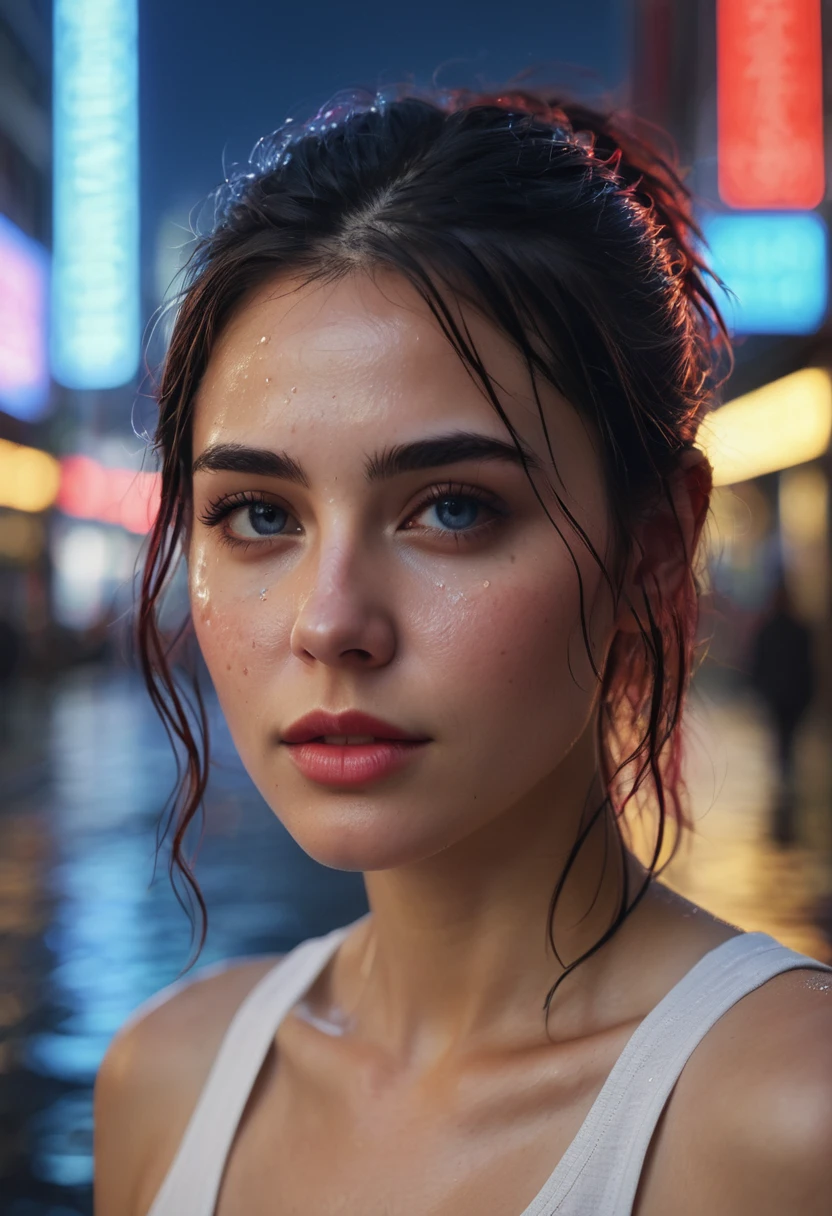 A high quality photo of super very close-up portrait of a beautiful 25 year old woman with a mesmerizing and intense gaze, her face illuminated by bright neon lights. Blue and red neon shines onto her face from a city, it is raining, rain drips down her face as she looks to the city ahead of her, Large frame glasses reflect the city in front of her, as well as the lights that are shinning. The background is out of focus, with city lights shinning behind her, Her expression is one of awe and retrospective, her hair is messy, wet from all the rain, soaked film, 4k , 8k ,UHD, sweaty skin, sleeveless, collarbone, photorealistic, open arms,