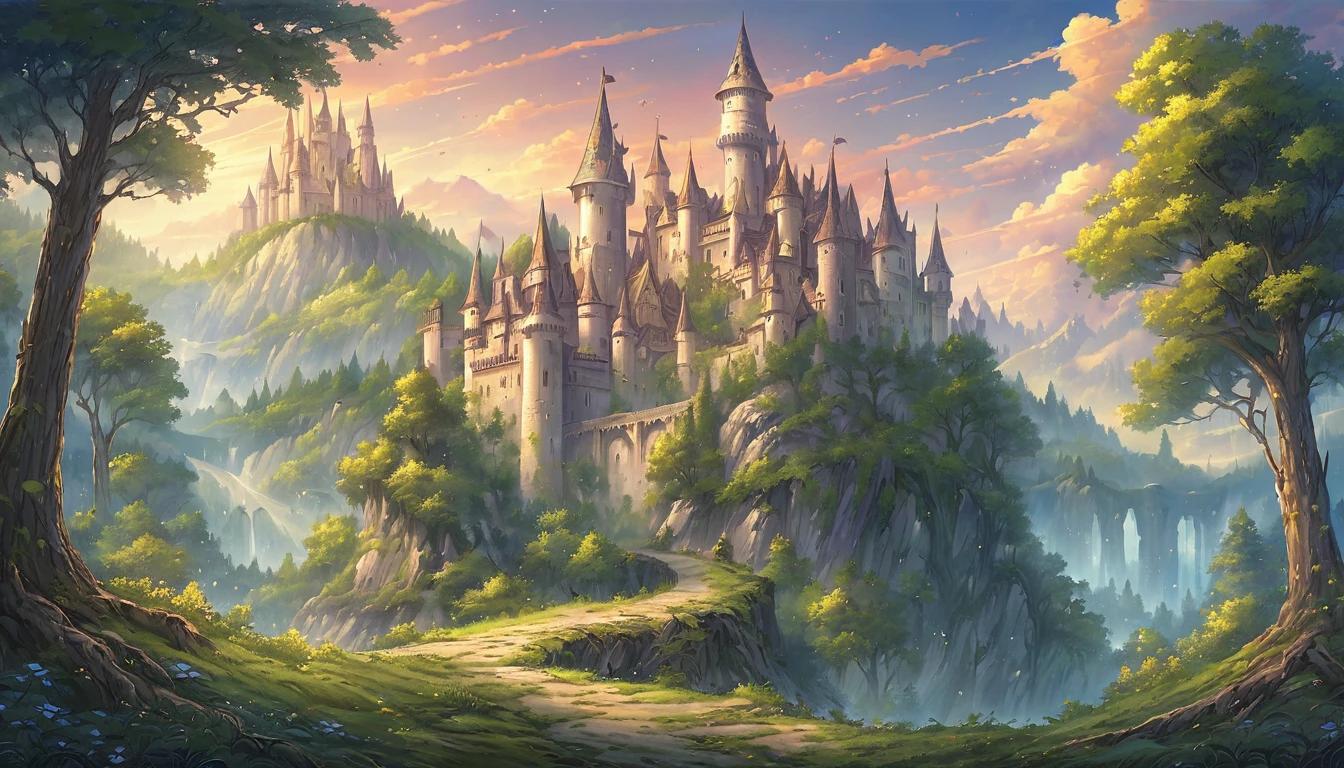 masterpiece, best quality, number, illustration, Anime style background, landscape, a castle in the middle of a forest, fantasy art, fantasy scenic, fantasy art landscape, fantasy castle, fantasy art style, fantasy landscape, impressive fantasy landscape, magical landscape,