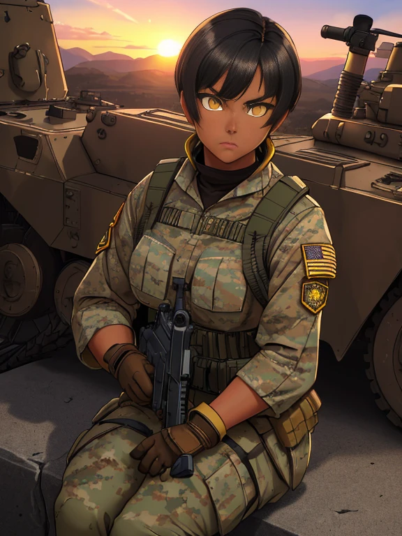 (26 year old:1.3), (tanned bronze skin:1.4), (Yellow colored eyes:1.4), (Short Black Hair:1.3), (Wearing: USA marine corps uniform, camouflage military uniform, armor and gloves), army girl, soldier girl, infantry girl, (sunset :1.2),(Sitting with hands holding a rifle:1),(surprised), highest quality, ultra-high resolution, absurdity, realistic, physically based rendering, cinematic lighting, complex and cinematic appearance, cinematic soft light, soothing tone, dynamic angle
