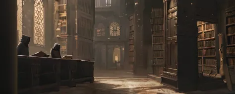 medieval library, cyberpunk scenario, diffused lights, post apocalyptic, sober colors, pulling in sepia tone, eyeshadows, a man ...