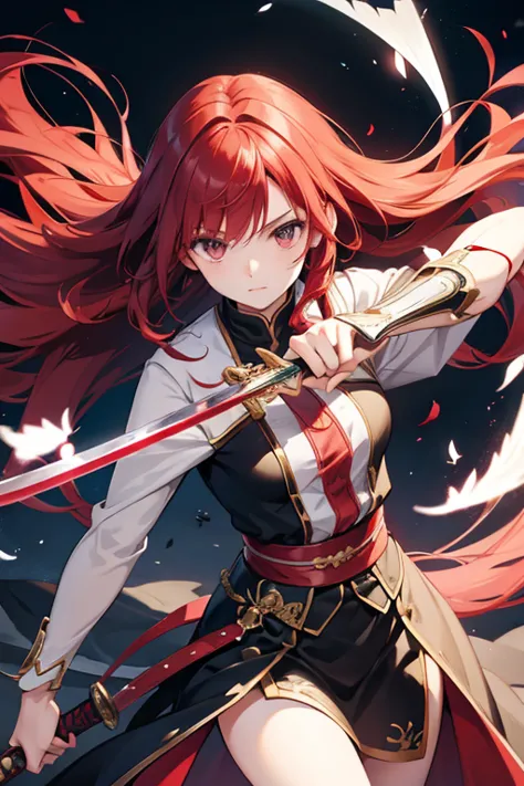 swordsman，，red hair、long hair，her hair is fluttering，holding a sword，