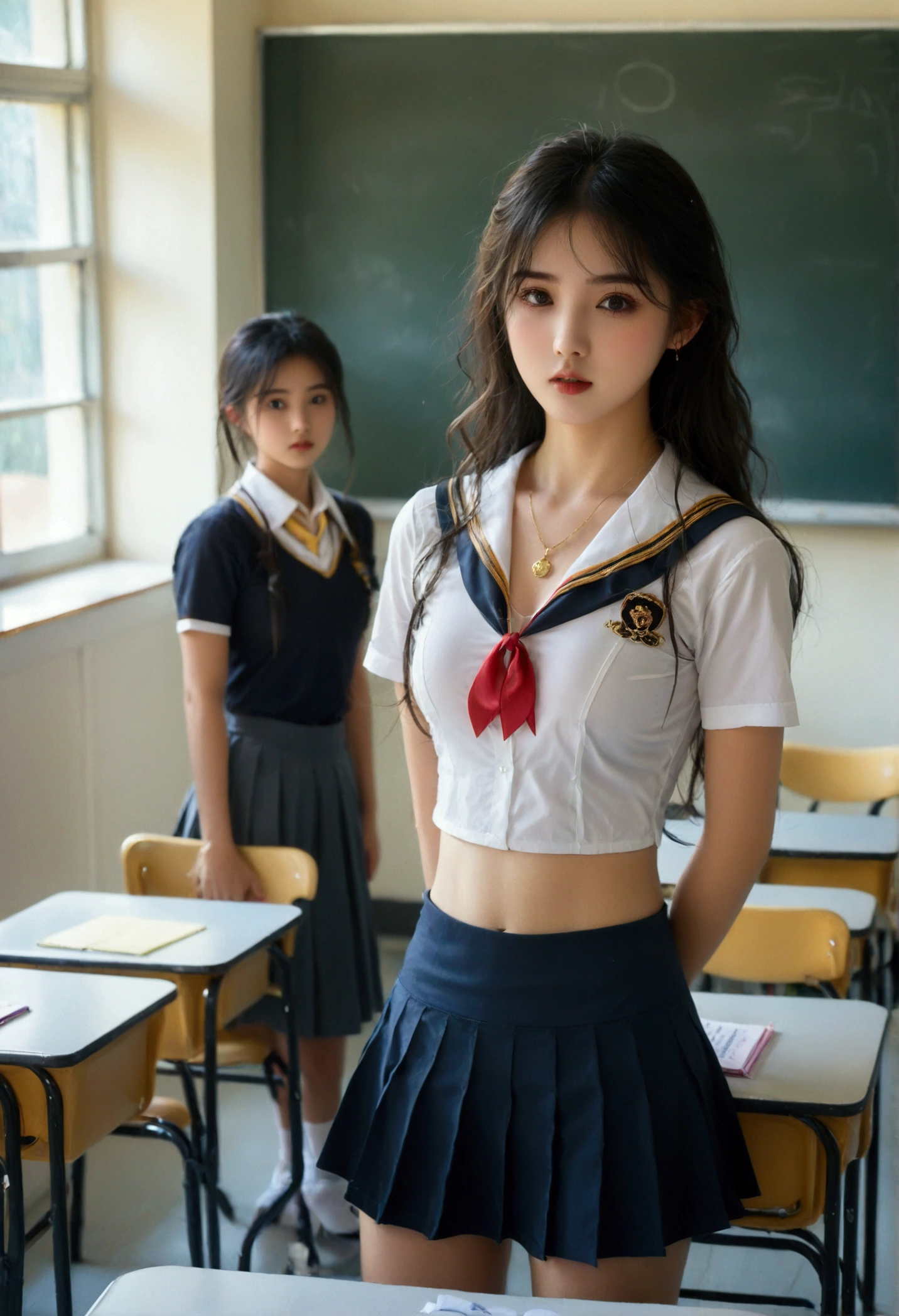 Beautiful girl with smooth skin, black hair, dark eyeshadow, gold pendant (beautiful bra, C shape), wearing a Thai student uniform, a white short-sleeved shirt, a black short skirt, a tight fit, standing and posing in a classroom. The background is a classroom, student desks and chairs. The most realistic picture.