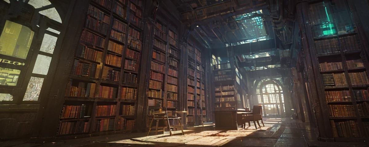 ancient library, cyberpunk scenario, diffused lights, post apocalyptic, Sober colors, , eyeshadows, 