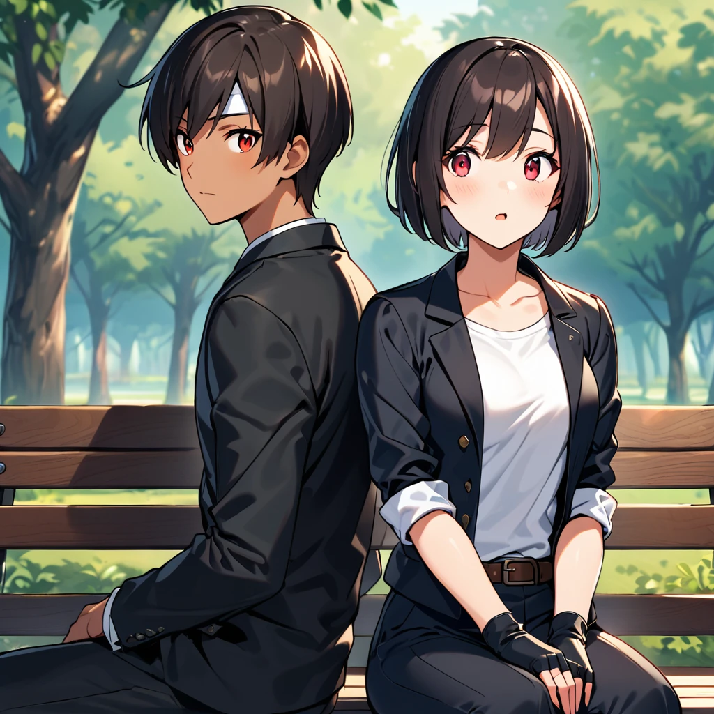 Single,female,short cut,dark hair,dark skin,red eyes, ((black jacket with rolled up arms)),fingerless gloves,white T-shirt, ((white headband)),black long pants,white shoes,brown belt,cute,indoor-oriented,charming,top class,neat face,neat eyes,slightly large breasts,sitting on a bench in a park A beautiful Japanese girl is sitting on a bench in a park, she is surprised to see me in profile and in front of her. Her eyes are wide open, her gaze is slightly downward, and her mouth is half open.