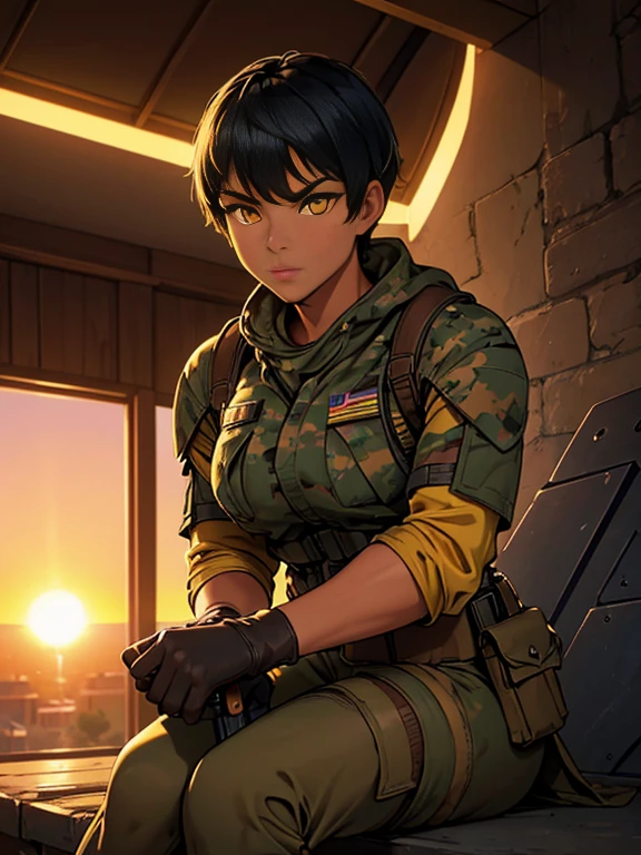 (26 year old:1.3), (tanned bronze skin:1.4), (Yellow colored eyes:1.4), (Short Black Hair:1.3), (Wearing: USA marine corps uniform, camouflage military uniform, armor and gloves), army girl, soldier girl, infantry girl, (sunset :1.2),(Sitting with hands holding a rifle:1),(surprised), highest quality, ultra-high resolution, absurdity, realistic, physically based rendering, cinematic lighting, complex and cinematic appearance, cinematic soft light, soothing tone, dynamic angle
