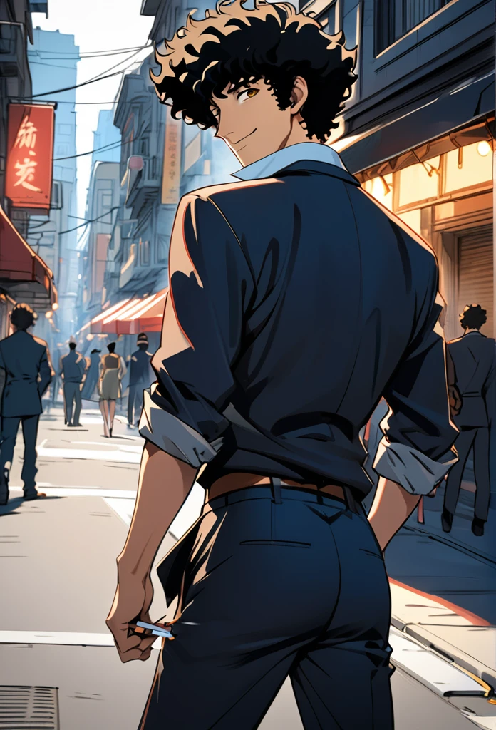 Rough sketch in anime style,Spike Spiegel,brown eyes, smile,black hair,1boy,Walking the streets of downtown smoking a cigarette,Back shot, turning around to look at the viewer, scratching her hair, smiling,Masterpiece, best quality, 4k. Ultra detail,Pencil Blurred effect,