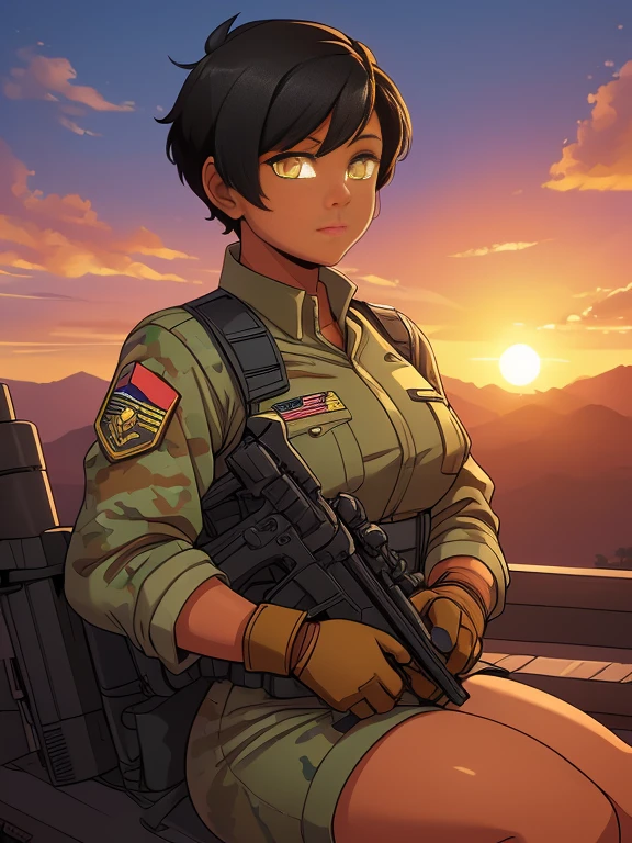 (26 year old:1.3), (tanned bronze skin:1.4), (Yellow colored eyes:1.4), (Short Black Hair:1.3), (Wearing: USA marine corps uniform, camouflage military uniform, armor and gloves), army girl, soldier girl, infantry girl, (sunset :1.2),(Sitting with hands holding a rifle:1), (Calm expression), looking at viewer, color connection, colorized, vibrant color scheme, colorful, spot color, cinematography, hyperdetailed, beautiful face, 4k, HD, artstation trending on artstation,