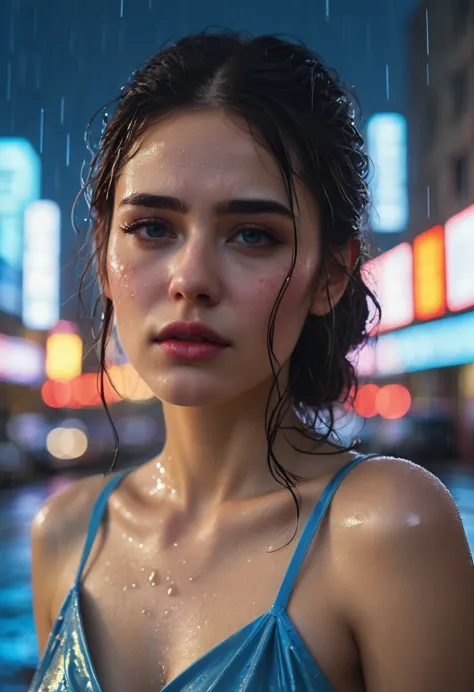 a high quality photo of super very close-up portrait of a beautiful 25 year old woman with a tearful and sad gaze, her face illu...