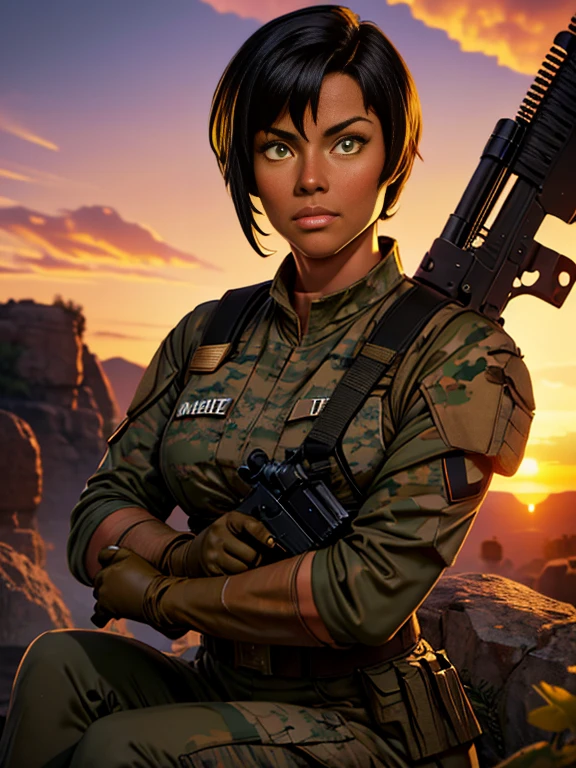 (26 year old:1.3), (tanned bronze skin:1.4), (Yellow colored eyes:1.4), (Short Black Hair:1.3), (Wearing: USA marine corps uniform, camouflage military uniform, armor and gloves), army girl, soldier girl, infantry girl, (sunset :1.2),(Sitting with hands holding a rifle:1),(surprised), highest quality, ultra-high resolution, absurdity, realistic, physically based rendering, cinematic lighting, complex and cinematic appearance, cinematic soft light, soothing tone, dynamic angle
