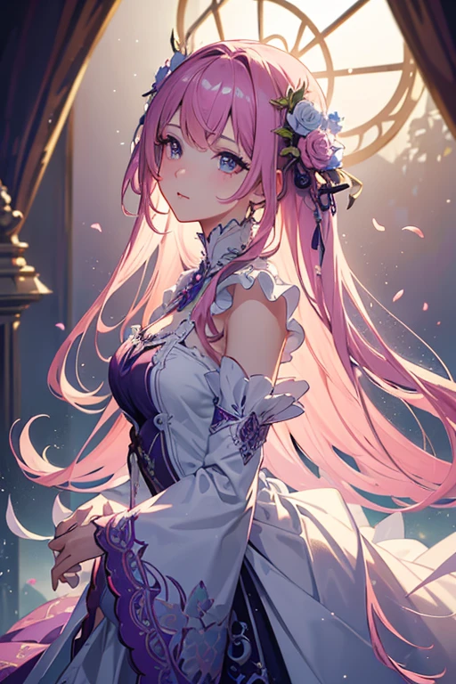 (masterpiece:1.2), Best Quality, (illustration:1.2), (ultra detailed), hyper details, (delicate detailed), (intricate details), (cinematic light, Best Quality Backlights), Delete line, soloist, perfect body, (1 girl), stylized artwork, purple and pink theme, girl, Purple long hair, white empty eyes, pink top, pink roses, see through skeleton overlay, foliage, leaves, Watercolor splash, (make up), high contrast, (better lighting, an extremely created and beautiful), (cinematic light), showy,