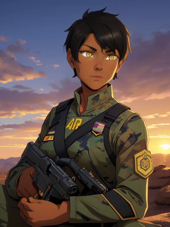 (26 year old:1.3), (tanned bronze skin:1.4), (Yellow colored eyes:1.4), (Short Black Hair:1.3), (Wearing: USA marine corps uniform, camouflage military uniform, armor and gloves), army girl, soldier girl, infantry girl, (sunset :1.2),(Sitting with hands holding a rifle:1), (Calm expression), looking at viewer, color connection, colorized, vibrant color scheme, colorful, spot color, cinematography, hyperdetailed, beautiful face, 4k, HD, artstation trending on artstation,
