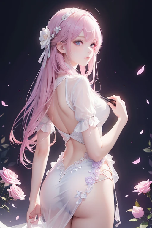 (masterpiece:1.2), Best Quality, (illustration:1.2), (ultra detailed), hyper details, (delicate detailed), (intricate details), (cinematic light, Best Quality Backlights), Delete line, soloist, perfect body, (1 girl), stylized artwork, purple and pink theme, girl, Purple long hair, white empty eyes, pink top, pink roses, see through skeleton overlay, foliage, leaves, Watercolor splash, (make up), high contrast, (better lighting, an extremely created and beautiful), (cinematic light), showy,