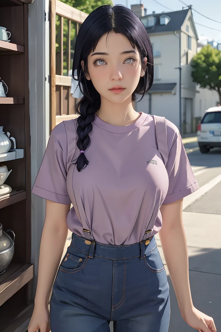 Masterpiece， best quality， Very detailed， illustration，1 girl，
， dark blue hair， french braid， purple eyes， smooth, blunt， rift,
shirt，（Jeans overalls set 1.1），shirtสเวตเตอร์สีม่วงอกกลาง， 
look at viewer，Hyuga/（Boruto/），detailed lips