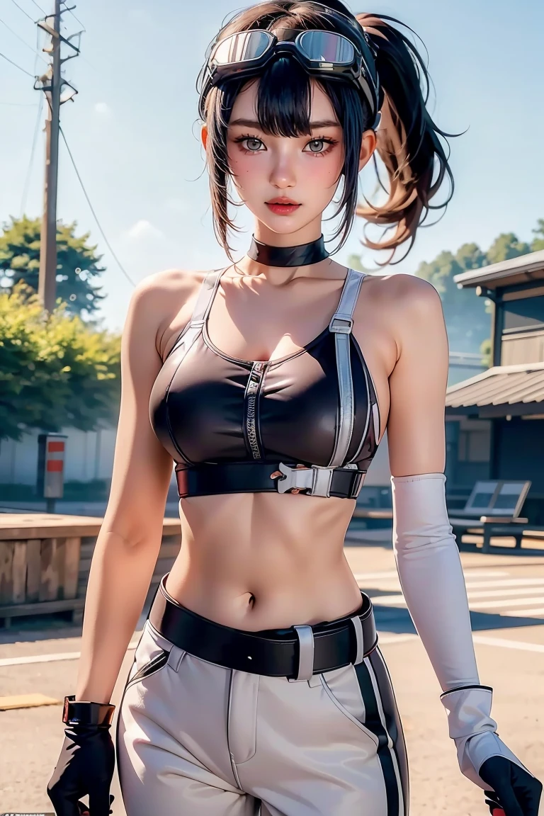 (masterpiece, best quality:1.2), 1girl, solo, Grace Howard, Grace Howard from Zenless Zone Zero, bare shoulders, black choker, black gloves, white gloves, black pants, ((black sports bra)), elbow gloves, ((goggles on head)), looking at viewer, low ponytail, medium breasts, midriff, navel, parted lips, white gloves, zipper, belt
\