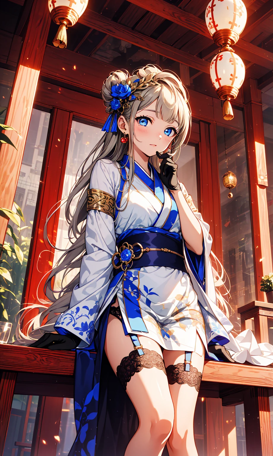 Top quality，best quality，Saint Elegant Charm，happiness，Gentle expression，in love，(Transparent colored Hanfu，Exquisite and gorgeous design)，Black Gloves，Silver Hair，blue eyes，See through transparent clothes，Exquisite hair accessories，Transparent lace，Engraving pattern，Dress nicely，In the background is an old Chinese palace，Inside the hall，Elegant Posture，night，(Long garter belt:1.1），Super super detailed，Delicate and beautiful face and eyes