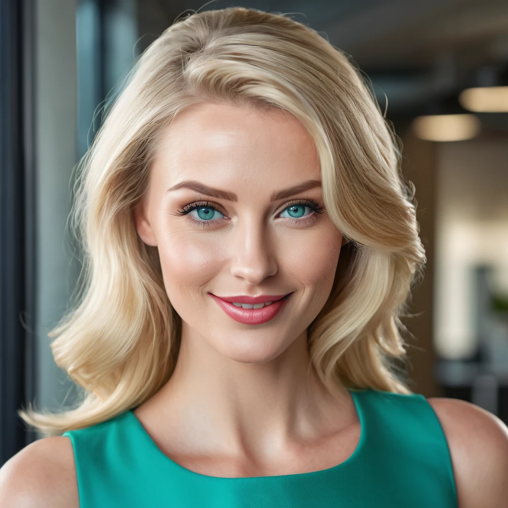 Close-up hyper-realistic portrait of an incredibly beautiful blonde woman with full, rounded lips and bright blue eyes, smiling radiantly in a stylish office setting, wearing a fitted green dress.