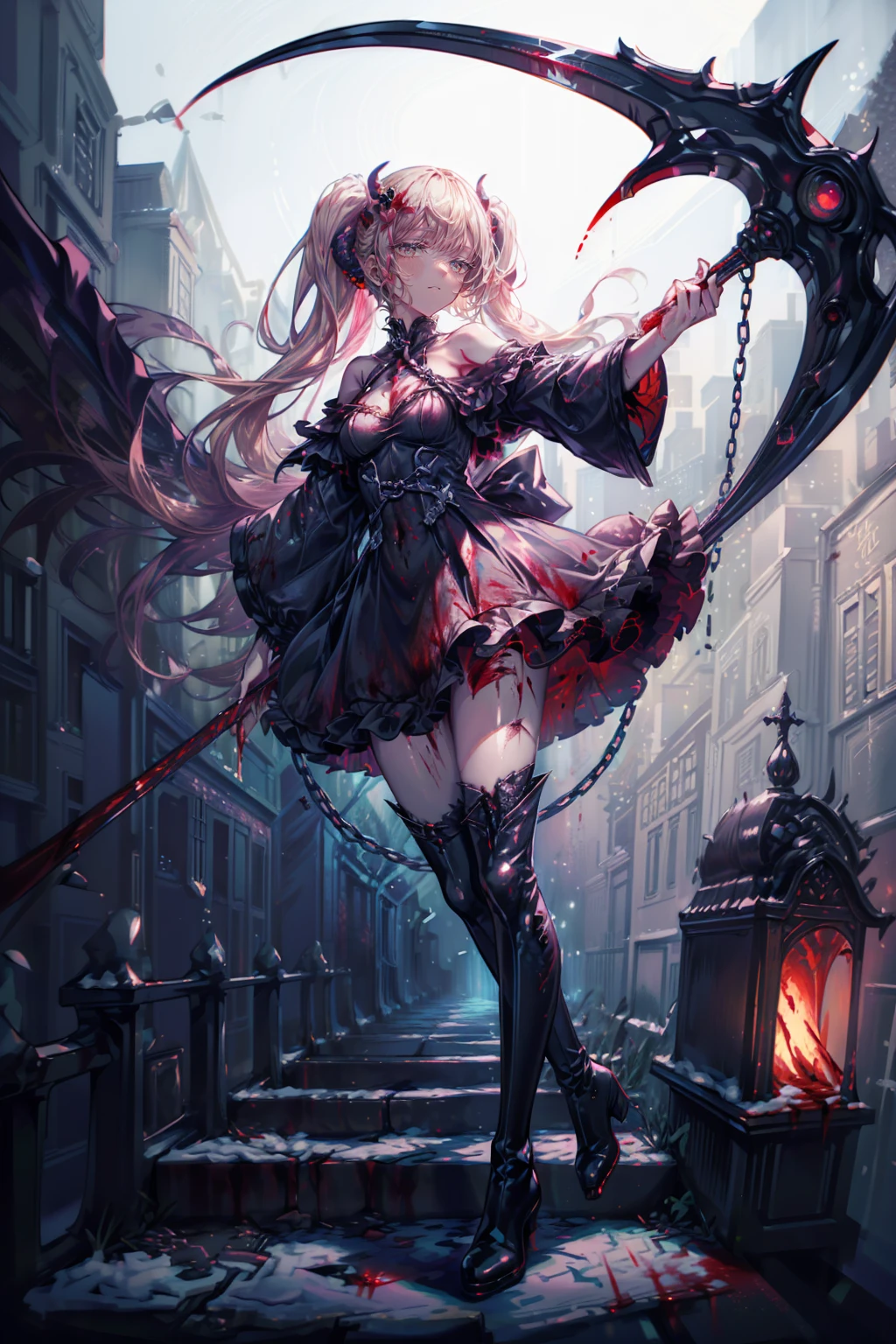 beautiful girl、とてもcute天使、Pink Lolita Dress、cute、Baby Face、smile、Long skirt、Black long boots、.(Highest quality,4K,High resolution,masterpiece:1.2),Very detailed,Realistic:1.37,Spooky altar background,Dark fantasy,Red color scheme,Ominous atmosphere,Eye-catching,Storytelling,anatomy,Anime Style,Concept Art,beautiful細部までこだわった顔と (((Red eyes ))),A terrifying ritual ,Satanic Ritual,Premature death,inappropriate behavior,クレイジーなsmile,Scythe Face,Girl Monster, beautiful, Delicate facial features, Sharp Eye, Sharp Fangs, pale skin, Thick chain, Dark Background, Cinema Lighting, Dramatic Shadows, Gothic style, Gloomy atmosphere, Dark fantasy, one person&#39;s, Please open your mouth wide, Open your mouth and baring your teeth,Sharp teeth like a beast, Wide lips, very wide mouth, Vermilion cheeks, ,(Blood splatter:1.4),Scary smile, smile,Angel Design, Twisted smile、Bloody、bleeding from the head,,,,,、Blood splatter、,(Blood splatter:1.4),skull,Horror Style, ((Fantasy Sweet Ta Frill Pink Costume)), ((Flowing blonde hair)), ,(Blood splatter:1.4),Female curves, Sexy flat stomach, Perfect hands, Perfect anime face, (Pink Tata Dress)), Are standing, ((邪悪なsmile)), ,(Blood splatter:1.4), Steam circulates, Moonlight Illumination, night lighting, (Blood splatter:1.6),アニメAngel Design, Twisted smile、Bloody、bleeding from the head,,,,,、Blood splatter、,(Blood splatter:1.4), skull,Gothic architecture、Western architecture、Fantasy World、,Victorian cities, Skeleton Gas Light,Absurd, High resolution、 ((Tabletop)), ((Highest quality)), (Very detailedな), ((Very detailed)), (beautiful), ((cute)), (NFSW:1.8), alone,(:1.6)、(world&#39;The most terrifying and creepy demon girl:1.5)beautiful face、Whole Body Ezbian、pale, beautiful肌、beautiful金の髪、優しくsmileむ、Dark building ruins、(snow white&#39;Frill dress:1.3)、(The dark ruins are stained with blood:1.3)、Low angle full body shot、(少女は血の海の中にAre standing:1.5)、(The ground is full of blood:1.3)、(The girl lost a lot of blood....:1.3)、(クレイジーなsmile:1.6)、Spirits、(Blood dripping from the mouth:1.3)、
