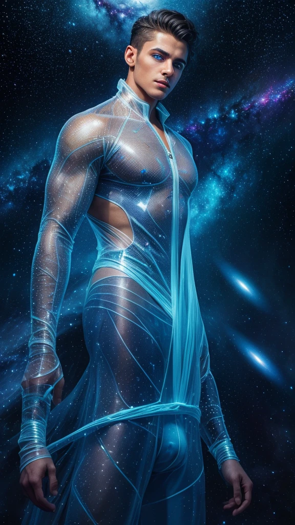 (masterpiece, high resolution, detailed:1.3), a mesmerizing depiction of a (strikingly handsome young man:1.2) donning (wearing transparent see-through futuristic clothes, bulge:1.2), standing against the backdrop of the vast and mysterious cosmos, breathtaking grandeur, LED internal lighting, cyberpunk style, fibre optic hair, glowing blue iris, muscular, best quality, masterpiece, His (toned physique:1.2) is bathed in the soft glow of distant stars, creating an otherworldly aura. As he gazes out into the depths of space, his (intense blue eyes:1.2) reflect the wonder and curiosity of his cosmic journey. The intricate details of his attire and the (subtle gleam:1.2) on his skin are meticulously captured, lending an air of realism to the scene. The celestial expanse behind him is a tapestry of (nebulous formations:1.2), (dazzling galaxies:1.2), and (shooting stars:1.2), a breathtaking testament to the beauty of the universe. This artwork melds the allure of a beautiful man with the awe-inspiring vastness of space, evoking a sense of both intimacy and grandeur. intricate details, dynamic pose, dynamic angle, (surreal), (illustration), ((oil painting \(medium\):1.2)), sharp focus, soft lighting, vibrant colors, cinematic photography, dynamic angle, volumetric lighting, film grain, hard shadows