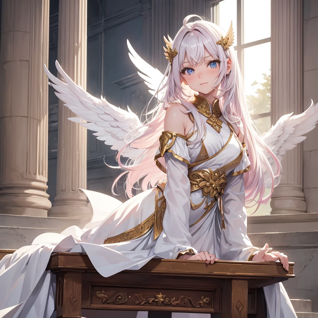 ((On the table, best quality)), Delicate face, Character Design Sheet，whole body, Perfect proportion，Rich in details, Multiple poses and expressions, Very detailed, Martial Arts Girl，1stGirl with white wings, short red Gradient hair color，Golden，Delicate eyes, see through，2nd Angel Wings Girl，pink long hair cloud，High balance, Halo，3rd angel wings girl, white long hair, Natural light，Starlight decoration，Background greek temple