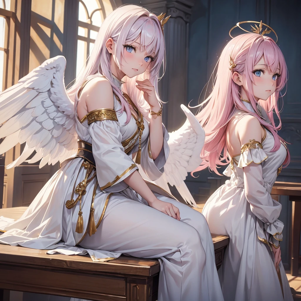 ((On the table, best quality)), Delicate face, Character Design Sheet，whole body, Perfect proportion，Rich in details, Multiple poses and expressions, Very detailed, Martial Arts Girl，1stGirl with white wings, short red Gradient hair color，Golden，Delicate eyes, see through，2nd Angel Wings Girl，pink long hair cloud，High balance, Halo，3rd angel wings girl, white long hair, Natural light，Starlight decoration，Background greek temple