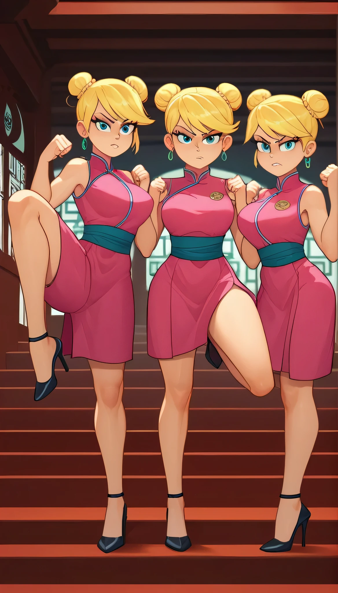 lola loud, 3girls, trio, 24yo girl, large breasts, pink cheongsam, inside of a chinese temple, looking at viewer, blonde hair, two hair buns , hands score_9, score_8_up, score_7_up, high heels, teep fighting stance,martial arts, stairs behind her, guarding the stairs, they wear the same outfit, they are twins