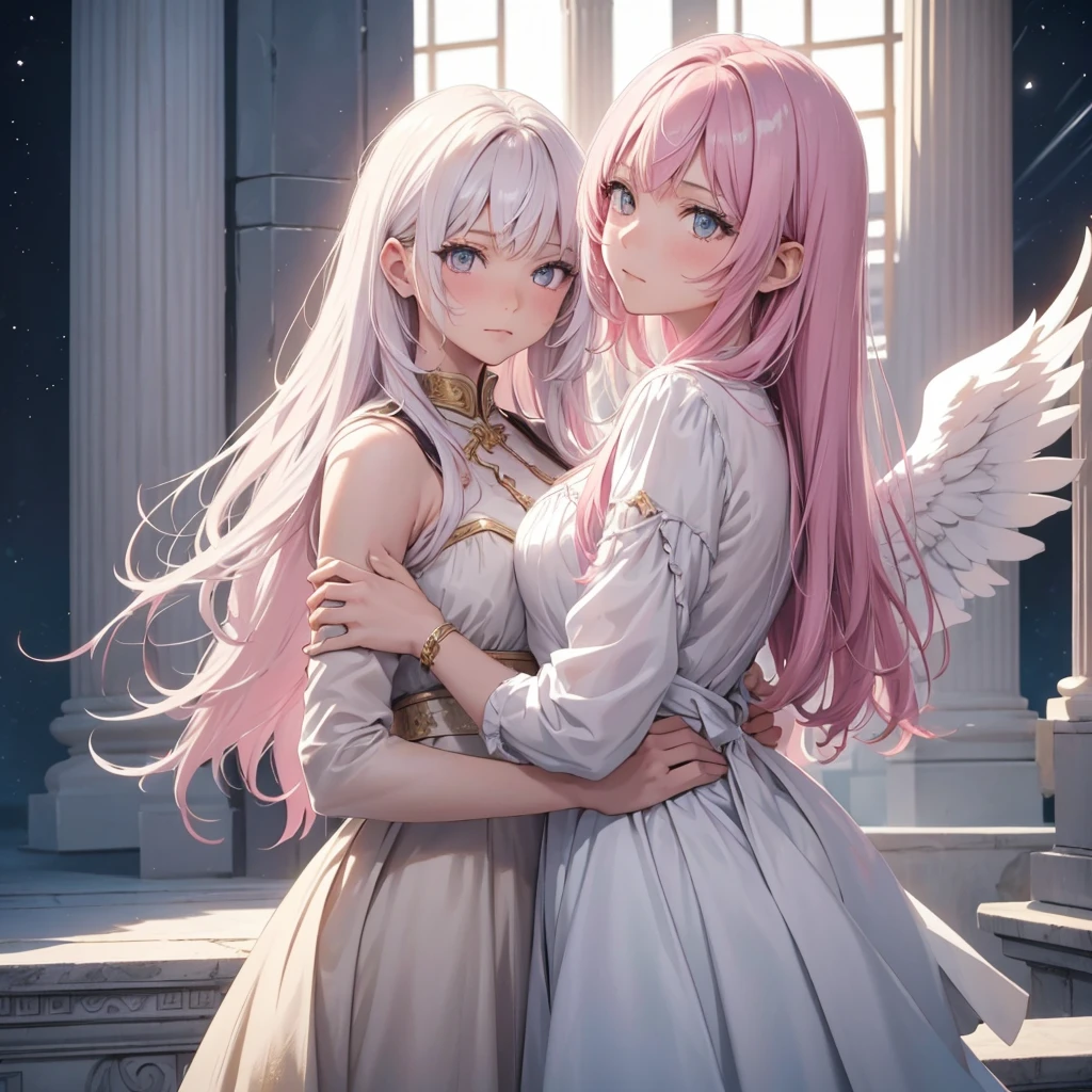 ((the three girls, best quality)), Delicate face, Character Design Sheet，whole body, Perfect proportion，Rich in details, Multiple poses and expressions, Very detailed, Martial Arts Girl，1st Girl with white wings, short red Gradient hair color，Golden，Delicate eyes, see through，2nd Angel Wings Girl，pink long hair cloud，High balance, Halo，3rd angel wings girl, white long hair, Natural light，Starlight decoration，Background greek temple