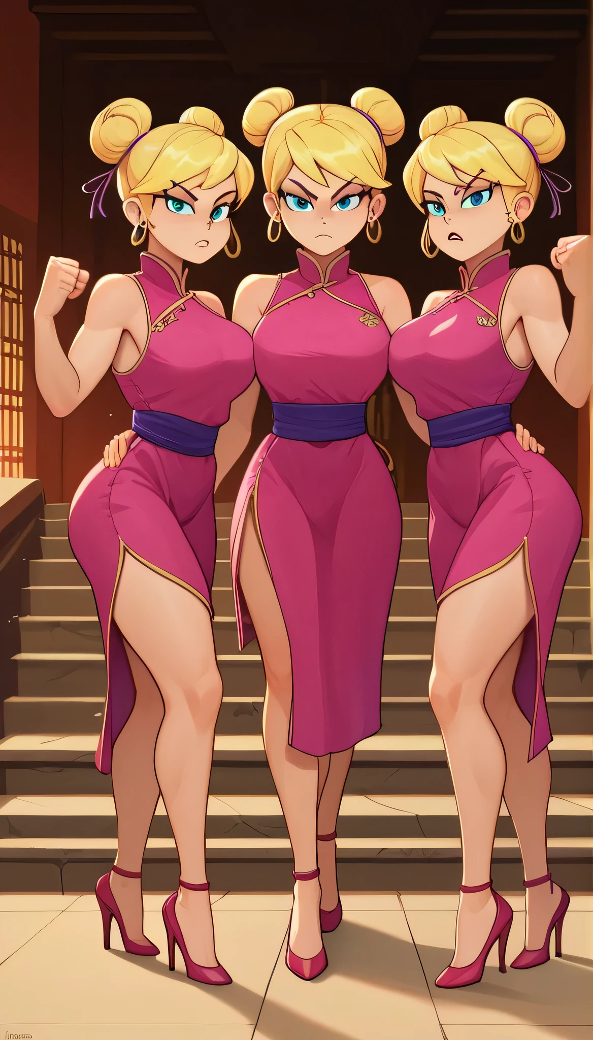 lola loud, 3girls, trio, 24yo girl, large breasts, pink cheongsam, inside of a chinese temple, looking at viewer, blonde hair, two hair buns , hands score_9, score_8_up, score_7_up, high heels, teep fighting stance,martial arts, stairs behind her, guarding the stairs, they wear the same outfit, they are twins