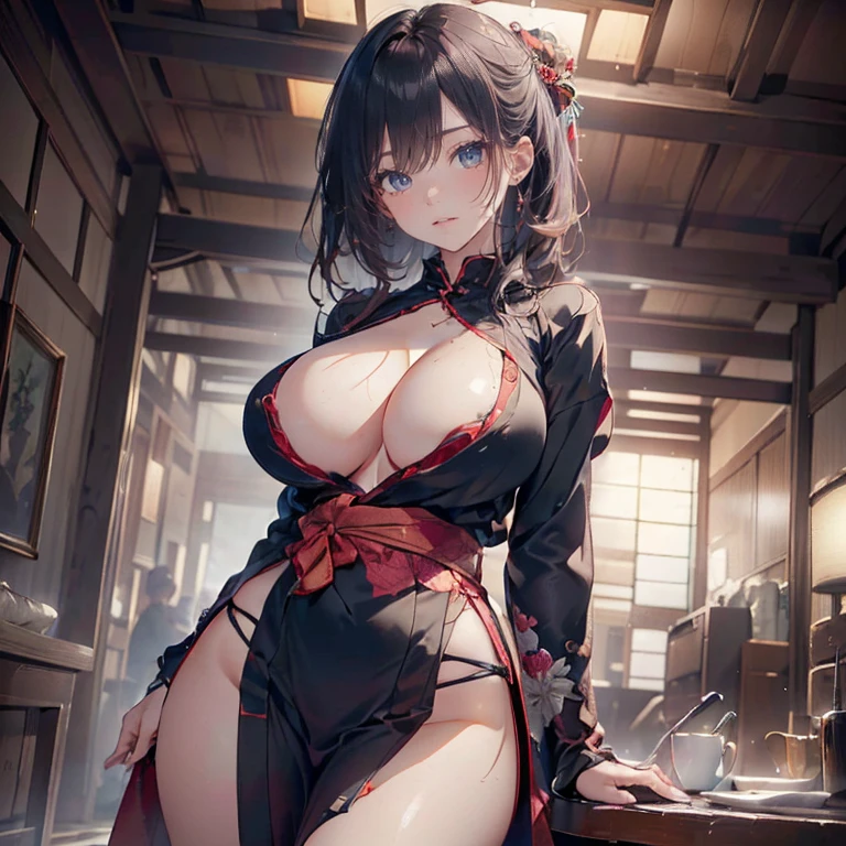 Anime Kawaii sexy Perfect Slim sensual body large breast and huge thighs, An intricate and highly detailed illustration of anime (Young girl)  samurai girl, short black hair tied back, wearing a red Japanese kimono and black hakama, two Japanese swords crossed at the waist, ((work of art, highest quallity, A highest quallity de imagem, high resolution, anime sensual, CRU photo, 8k)), ((Extremely detailed 8k unified CG wallpaper)), (huge stunning photo of goddess, Very hot and sexy, jaw dropping beauty, perfect proportions, Body cute, Slim Body Beauty:1.4),