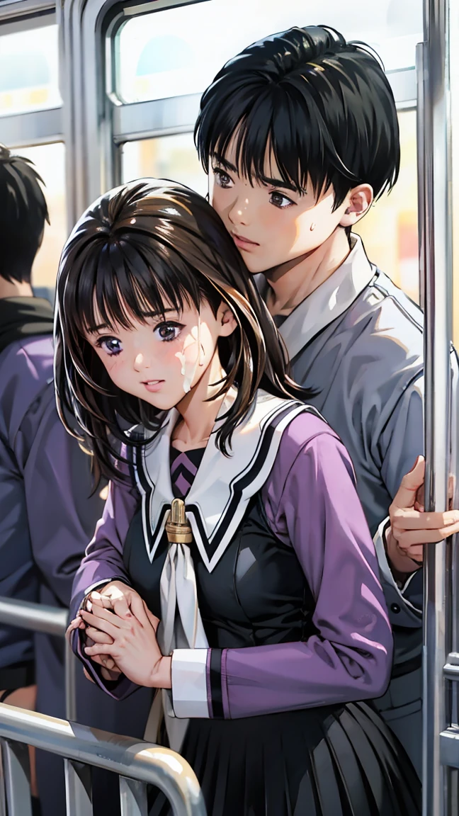 Browsing Caution, Crowded train, Japan , Handsome man hugging his girlfriend from behind, Talk in her ear, Lift her upBrowsing Caution, Crowded train, Japan , Handsome man hugging his girlfriend from behind, Talk in her ear, Lift her up(High resolution),(High resolution),(High resolution),(8k),Yoshizuki_Iori、School_uniform_purple_shirt_green_skirt_white_neckerchief_black_Knee socks、In the storeroom、Kneel、Sperm on face、Lots of sperm、