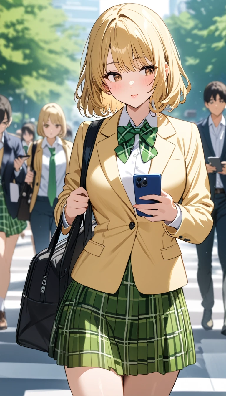 masterpiece, best quality, highres, 1girl, solo, blonde medium hair, brown eyes, buttoned blazer, yellow blazer, long sleeves blazer, plaid skirt, green skirt, green bowtie ,walking ,having a smartphone,cowboy shot,school commute ,glossy lips,closed mouth