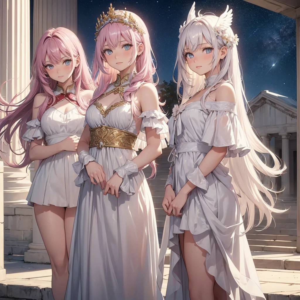 ((the three girls, best quality)), Delicate face, Character Design Sheet，whole body, Perfect proportion，Rich in details, Multiple poses and expressions, Very detailed, Martial Arts Girl，1st Girl with white wings, short red Gradient hair color，Golden，Delicate eyes, see through，2nd Angel Wings Girl，pink long hair cloud，High balance, Halo，3rd angel wings girl, white long hair, Natural light，Starlight decoration，Background greek temple, the three girls