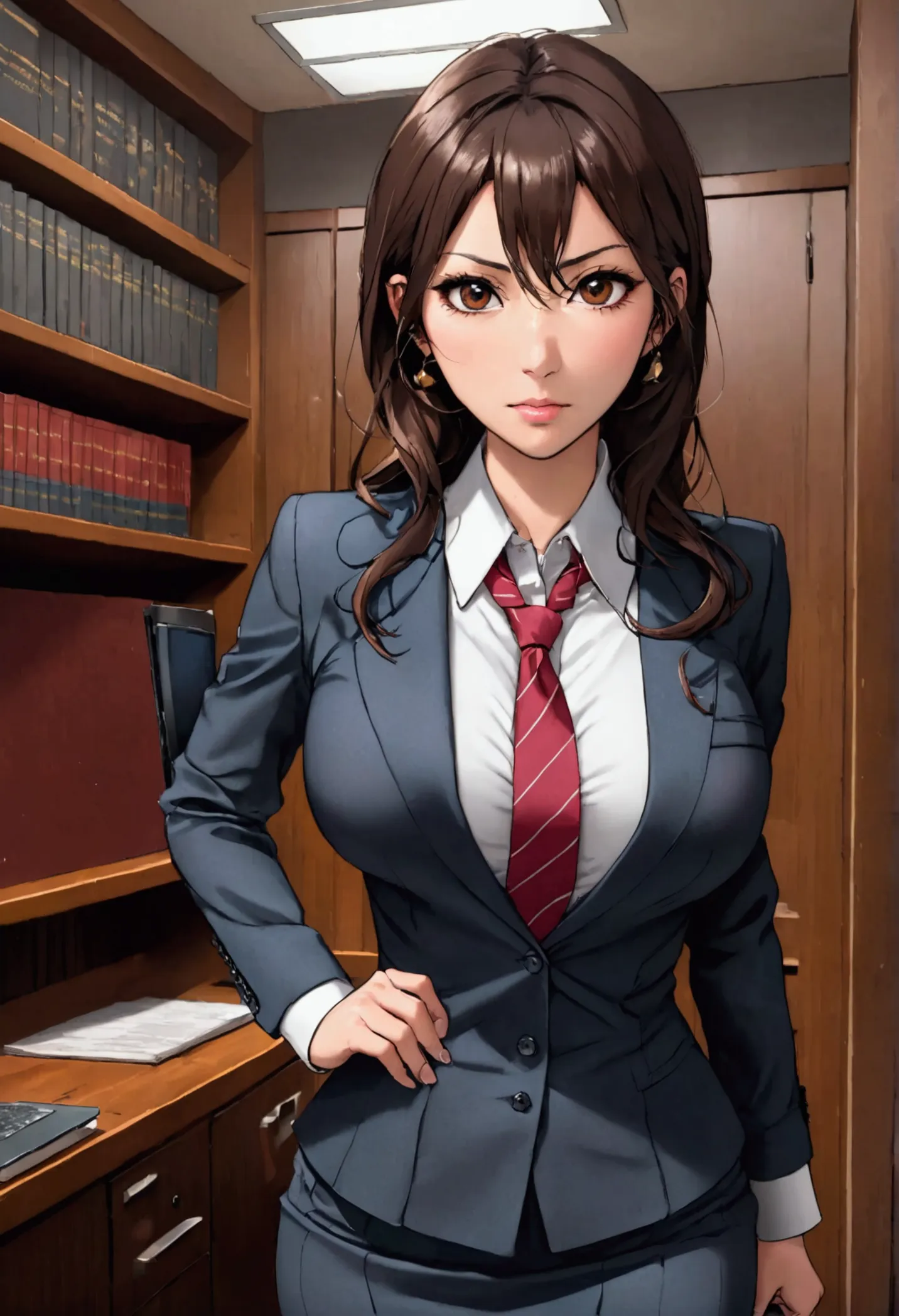 japanese female lawyer, gigantic breasts, business suits, tight skirt, cleavage:-2, (buttoned shirts:1.3), law firm, she is stan...