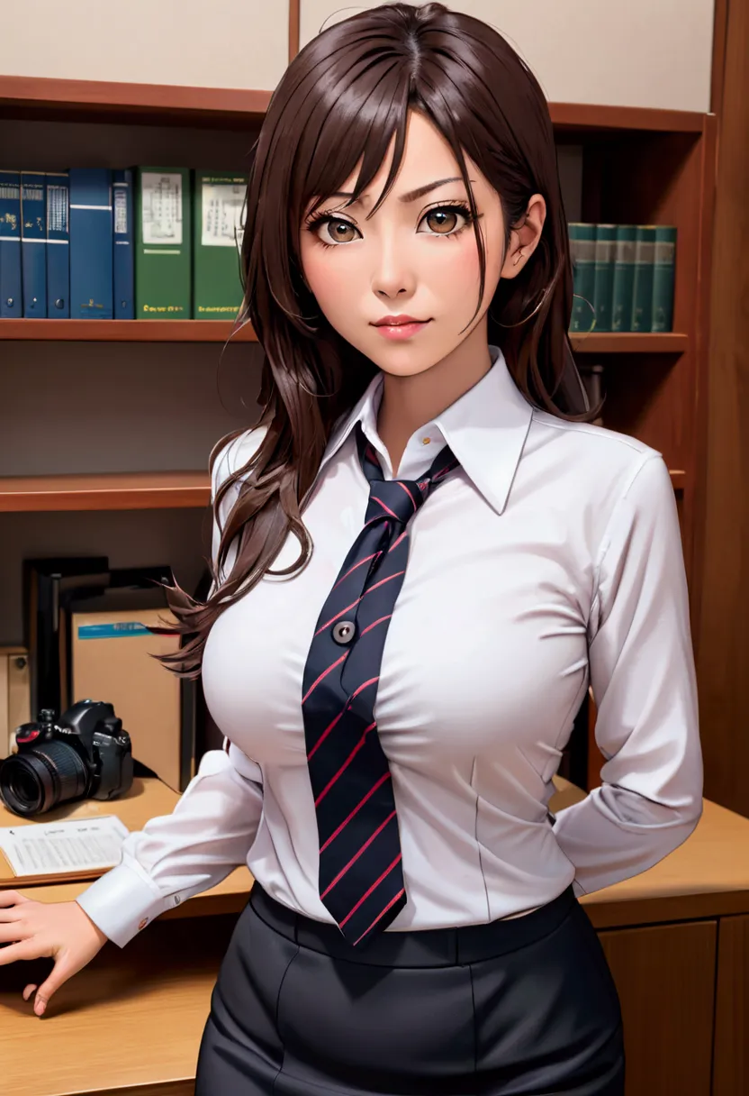 japanese female lawyer, gigantic breasts, business suits, tight skirt, cleavage:-2, (buttoned shirts:1.3), law firm, she is stan...