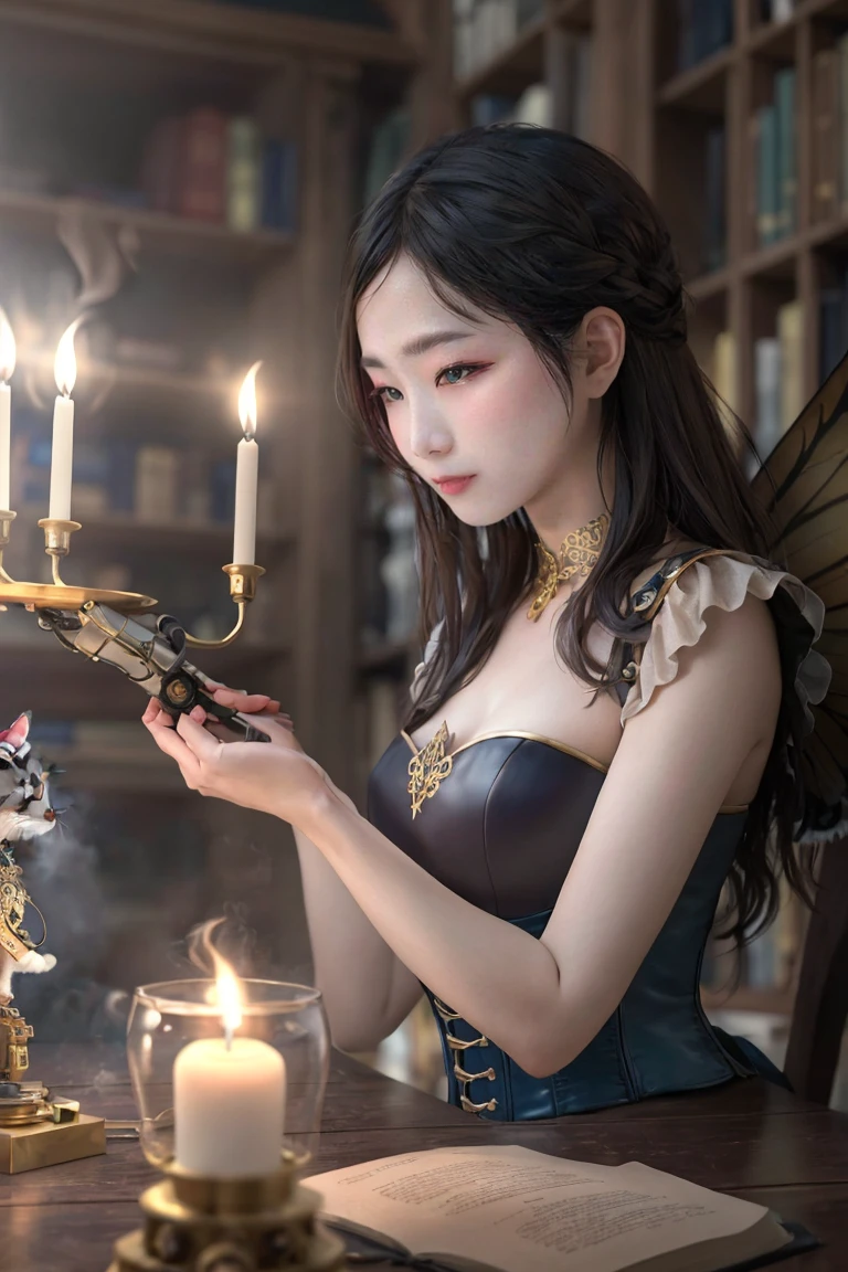 A whimsical scene unfolds: A Steampunk faerie girl, adorned with intricate brass filigree and leather corset, sits amidst the warm glow of candles in a dimly lit room. Her delicate features are illuminated by the soft light as she carefully tends to her robot cat, its mechanical limbs gently fluttering like butterfly wings. The air is thick with the scent of old books and steam-powered contraptions, transporting viewers to a fantastical realm where science meets fantasy.