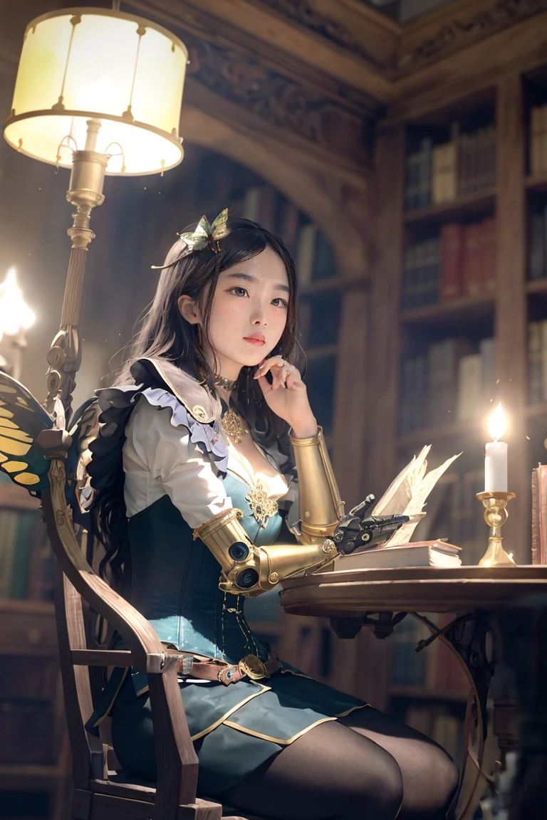 A whimsical scene unfolds: A Steampunk faerie girl, adorned with intricate brass filigree and leather corset, sits amidst the warm glow of candles in a dimly lit room. Her delicate features are illuminated by the soft light as she carefully tends to her robot cat, its mechanical limbs gently fluttering like butterfly wings. The air is thick with the scent of old books and steam-powered contraptions, transporting viewers to a fantastical realm where science meets fantasy.