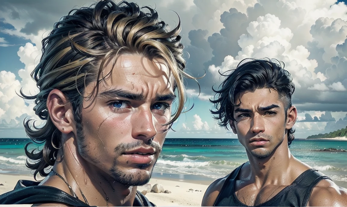 [((highly detailed, detailed eyes, detailed face, clear and realistic facial features, photorealistic, realistic light, cinematic, close up)), ((((3 men, each man looks unique, each man has a different natural hair color and different facial features and skin color)))), (((sexy male college-age jocks standing on the beach and looking angry or frustrated))), ((wearing weathered casual clothes)), ((wet)), ((beautiful deserted tropical island with a storm in background))]