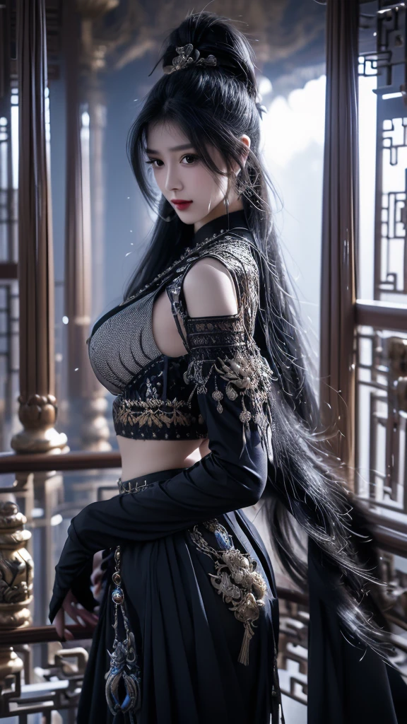 best quality,masterpiece,Ultra-high resolution,photoactual:4：0,black unicorn beast（Dragon head and tiger body）,shiny scales（1：0）,an oriental woman,Black single ponytail long hair shawl,Big breasts,Black dragon scale head style,Wear a black unicorn skirt,