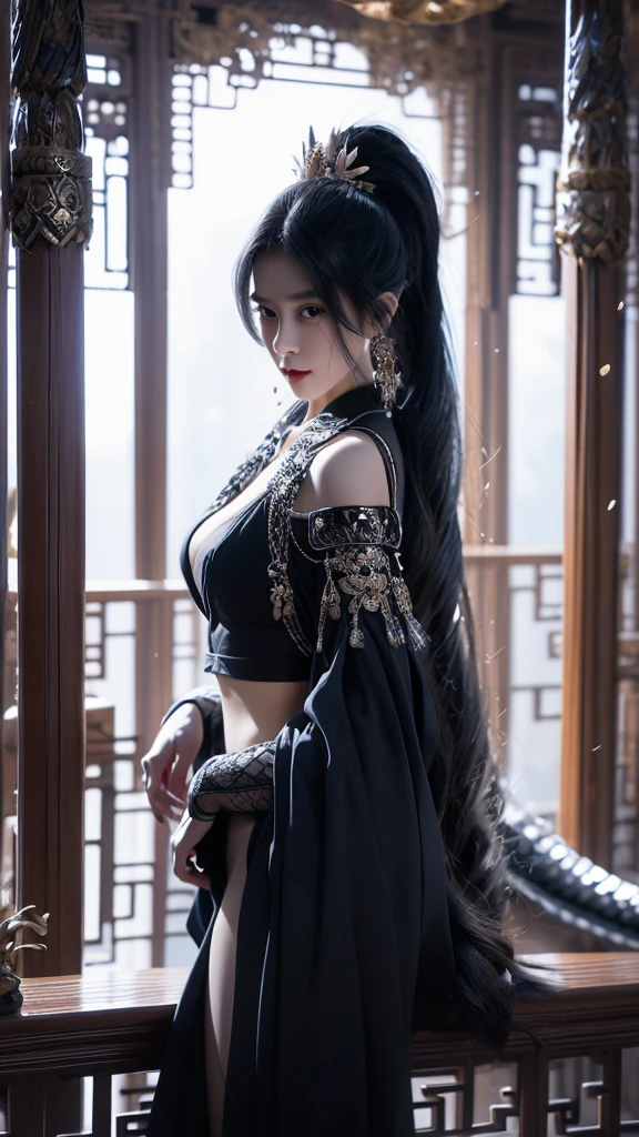 best quality,masterpiece,Ultra-high resolution,photoactual:4：0,black unicorn beast（Dragon head and tiger body）,shiny scales（1：0）,an oriental woman,Black single ponytail long hair shawl,Big breasts,Black dragon scale head style,Wear a black unicorn skirt,