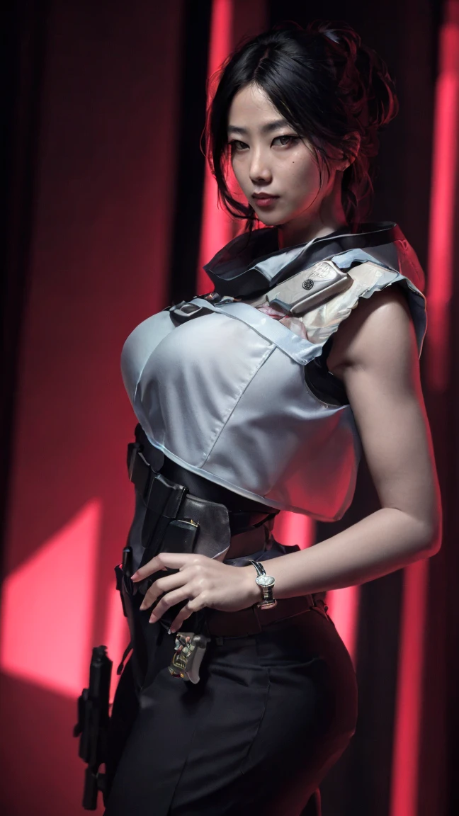 a photorealistic portrait of a sexy woman with high hips, looking directly at the viewer, detailed face, wearing a SWAT vest, holding a gun, jewelry, 8k, highly detailed, masterpiece, ultra-realistic, studio lighting, cinematic, dramatic lighting, dramatic pose, sharp focus