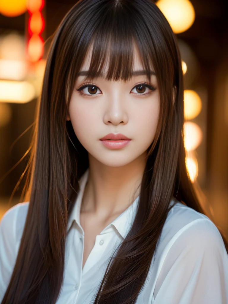 masterpiece, Highest quality, Very detailed, 複雑に詳細なSuper detailed, Realistic, Sharp features, Very detailed, Sharp focus, Japanese Idols, Perfect Face, Perfect symmetrical perfect eyes, Perfect Plump Lips, Flexible female form, Cinematic, Neon Light, Shadow, Super detailed, hyper Realistic, High resolution, Vibrant, Dynamic Lighting, background, (Long Hair, Straight bangs), Brown eyes, Black blouse, Portraiture,