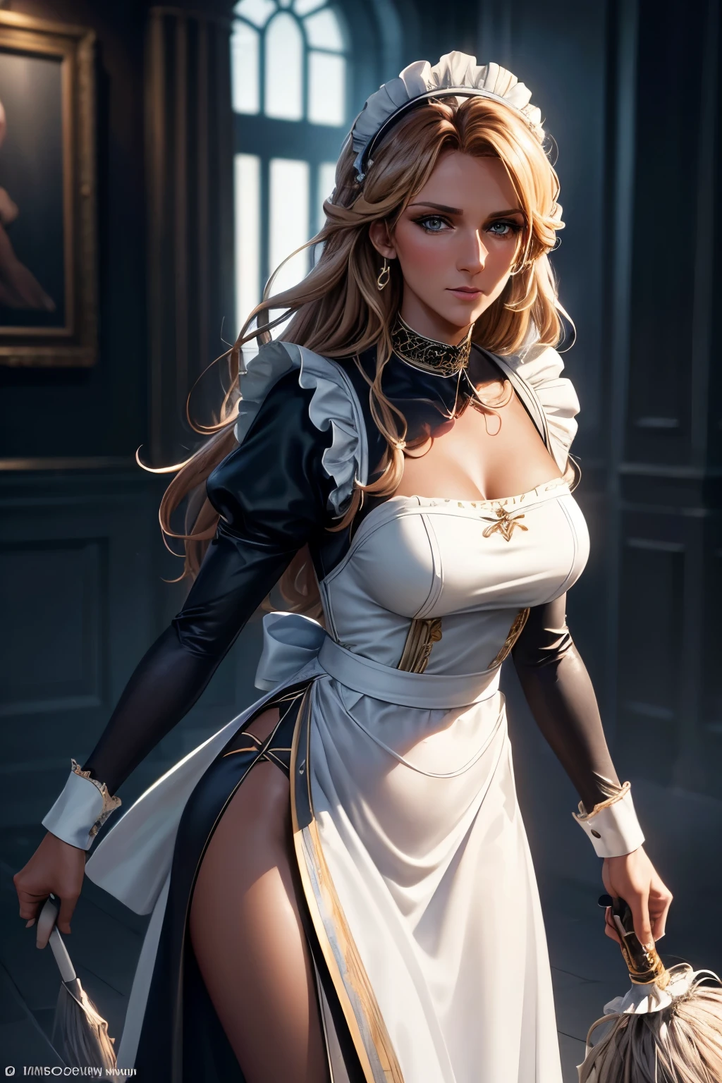 a beautiful woman (Celine Dion, dark skin), housekeeper, 1girl, modeling, blue eyes, detailed portrait, sexy maid outfit, maid uniform, holding feather duster, long dark hair, seductive pose, realistic, photorealistic, (best quality,4k,8k,highres,masterpiece:1.2),ultra-detailed,(realistic,photorealistic,photo-realistic:1.37),HDR,UHD,studio lighting,ultra-fine painting,sharp focus,physically-based rendering,extreme detail description,professional,vivid colors,bokeh,highly detailed,cinematic lighting,dramatic lighting