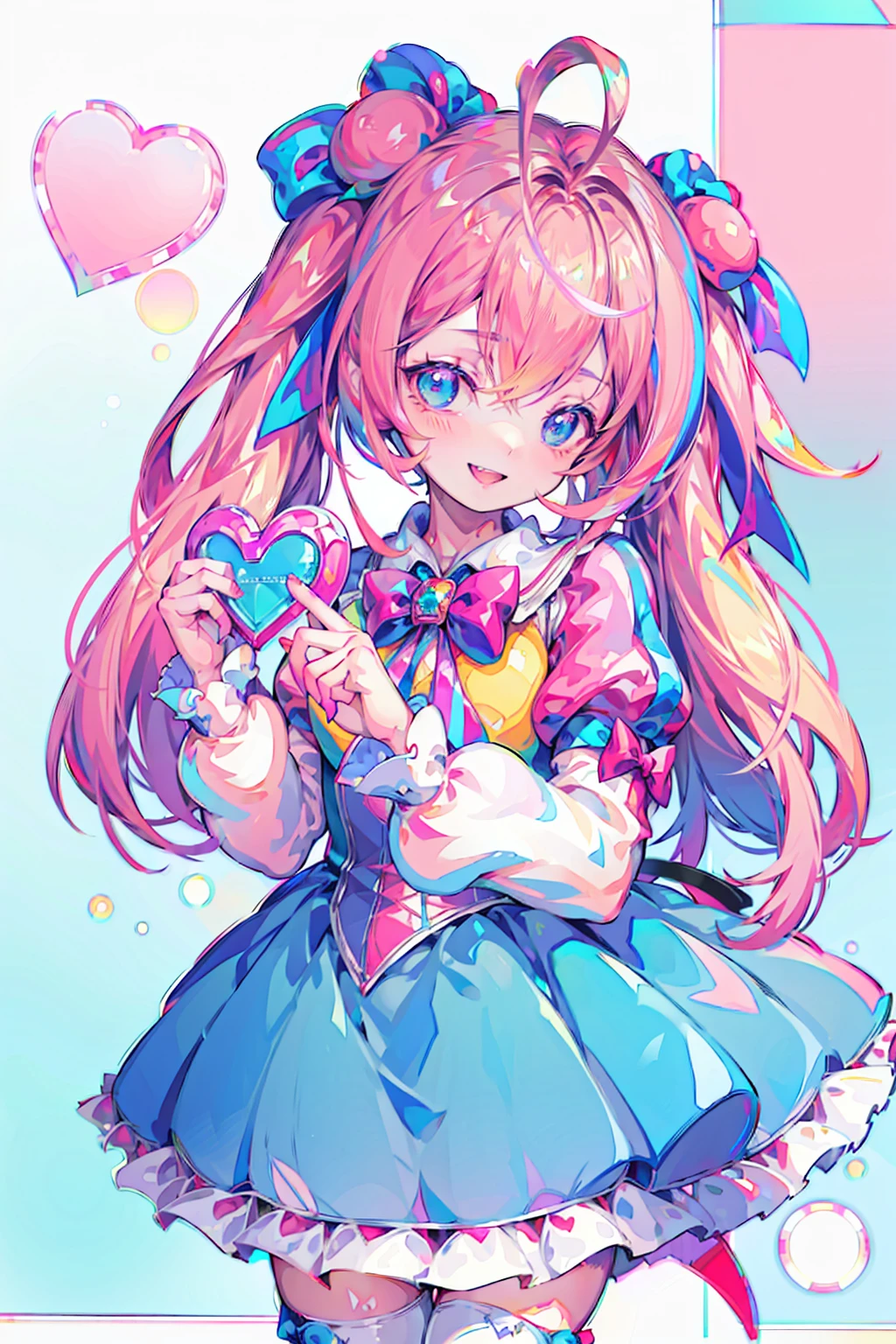  masterpiece,best quality, (chromatic aberration:1.4) 1girl, one eye closed, thighhighs, open mouth, solo, blue eyes, ahoge, white legwear, smile, long hair, heart ahoge, bow, blonde hair, twintails, hair bow, dress, ;d, long sleeves, looking at viewer, bangs, blush, double bun, heart, frills, white background, star (symbol), symbol-shaped pupils, eyebrows visible through hair, blue dress, cowboy shot, hair between eyes, drill hair, shirt
