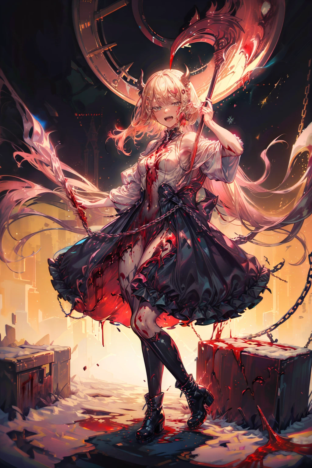 beautiful girl、とてもcute天使、Pink T-shirt、cute、Baby Face、smile、Long skirt、Black long boots、.(Highest quality,4K,High resolution,masterpiece:1.2),Very detailed,Realistic:1.37,Spooky altar background,Dark fantasy,Red color scheme,Ominous atmosphere,Eye-catching,Storytelling,anatomy,Anime Style,Concept Art,beautiful細部までこだわった顔と (((Red eyes ))),A terrifying ritual ,Satanic Ritual,Premature death,inappropriate behavior,クレイジーなsmile,Scythe Face,Girl Monster, beautiful, Delicate facial features, Sharp Eye, Sharp Fangs, pale skin, Thick chain, Dark Background, Cinema Lighting, Dramatic Shadows, Gothic style, Gloomy atmosphere, Dark fantasy, one person&#39;s, Please open your mouth wide, Open your mouth and baring your teeth,Sharp teeth like a beast, Wide lips, very wide mouth, Vermilion cheeks, ,(Blood splatter:1.4),Scary smile, smile,Angel Design, Twisted smile、Bloody、bleeding from the head,,,,,、Blood splatter、,(Blood splatter:1.4),skull,Horror Style, ((Fantasy Sweet Ta Frill Pink Costume)), ((Flowing blonde hair)), ,(Blood splatter:1.4),Female curves, Sexy flat stomach, Perfect hands, Perfect anime face, (Pink Tata Dress)), Are standing, ((邪悪なsmile)), ,(Blood splatter:1.4), Steam circulates, Moonlight Illumination, night lighting, (Blood splatter:1.6),アニメAngel Design, Twisted smile、Bloody、bleeding from the head,,,,,、Blood splatter、,(Blood splatter:1.4), skull,Gothic architecture、Western architecture、Fantasy World、,Victorian cities, Skeleton Gas Light,Absurd, High resolution、 ((Tabletop)), ((Highest quality)), (Very detailedな), ((Very detailed)), (beautiful), ((cute)), (NFSW:1.8), alone,(:1.6)、(world&#39;The most terrifying and creepy demon girl:1.5)beautiful face、Whole Body Ezbian、pale, beautiful肌、beautiful金の髪、優しくsmileむ、Dark building ruins、(snow white&#39;Frill dress:1.3)、(The dark ruins are stained with blood:1.3)、Low angle full body shot、(少女は血の海の中にAre standing:1.5)、(The ground is full of blood:1.3)、(The girl lost a lot of blood....:1.3)、(クレイジーなsmile:1.6)、Spirits、(Blood dripping from the mouth:1.3)、
