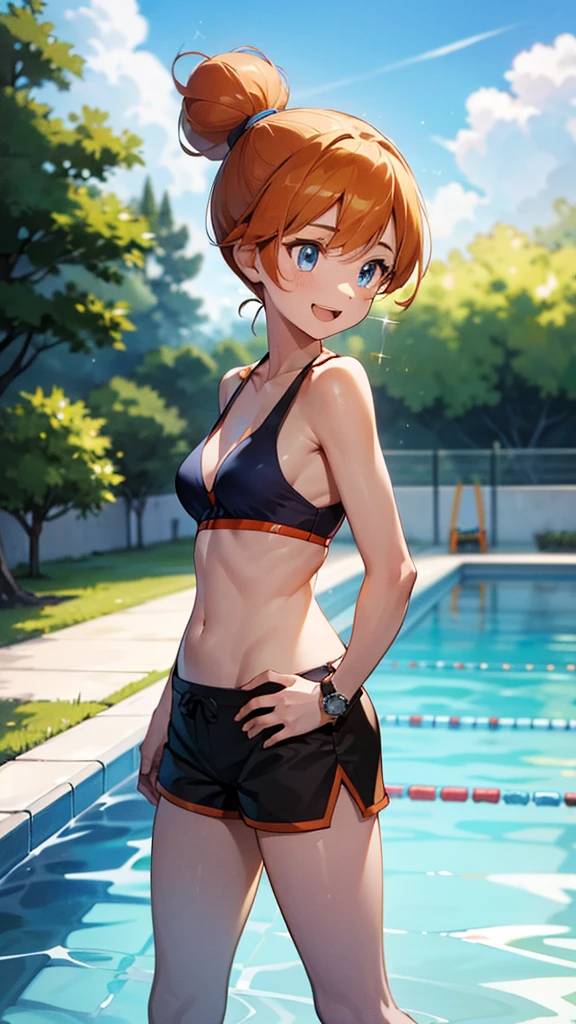 1 girl, masterpiece, best quality, highres, ro1, Misty from pokemon, hair bun, blue eyes, bikini top, blue bicycle shorts, small ponytail on the side, wristwatch, standing, hand on hip, smile, open mouth, (sparkle:1.1), orange hair, medium breasts, 3/4 body view, outdoors, swimming pool